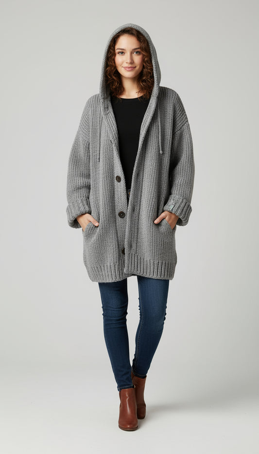 Loose-fitting mid-length hooded sweater