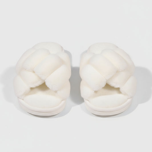 Cross-over suede and fur slippers